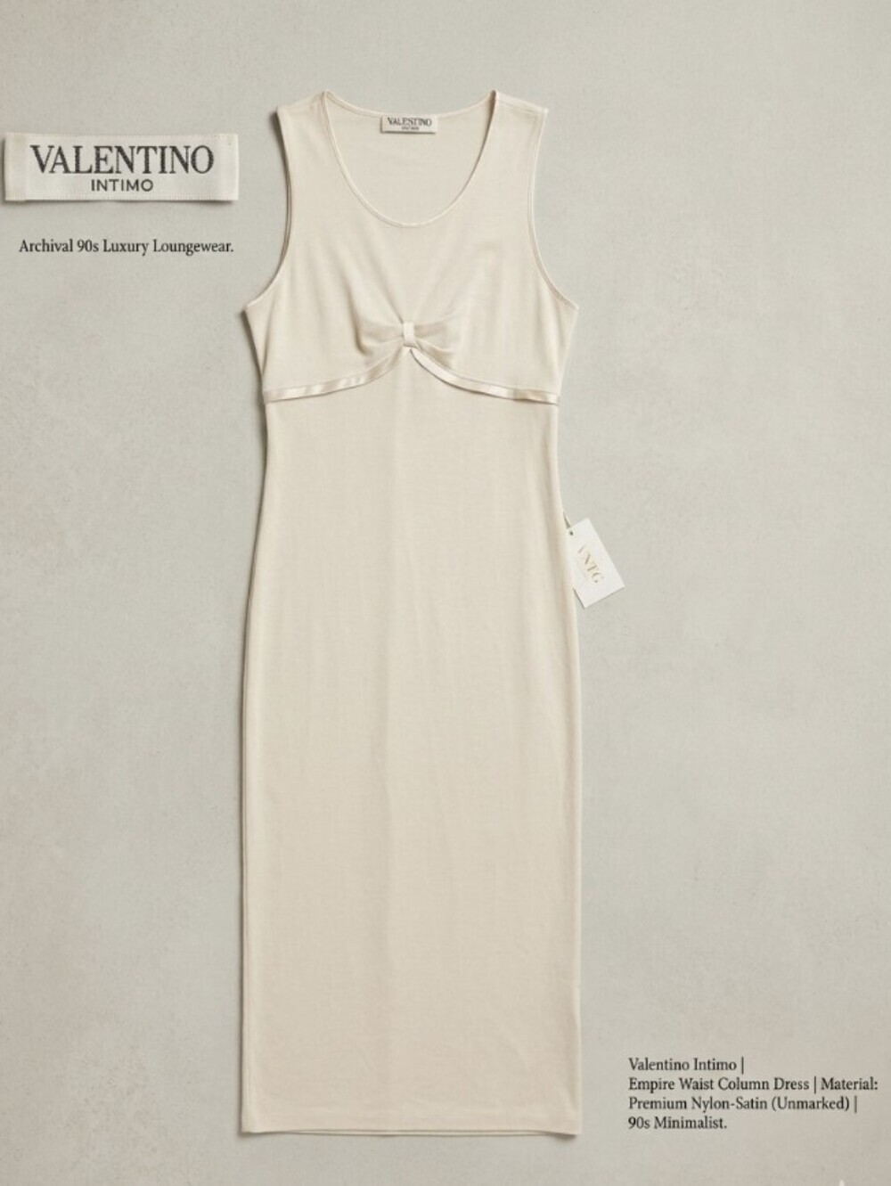 VTG Valentino Intimo Cream Empire Waist Column Maxi Dress 90s Satin Trim Slip M